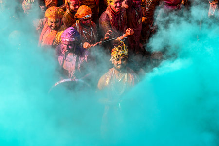 MATHURA, INDIA - MARCH 19: People smear each other with colored powder during the Lathmar Holi festival, at Nandji Temple on March 19, 2024 in Mathura, India. (Photo by Raj K Raj/Hindustan Times)のeditorial素材