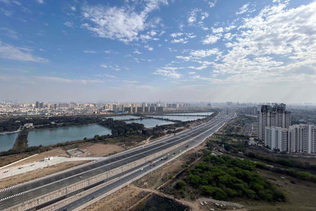 GURUGRAM, INDIA - MARCH 7: An aerial view of Dwarka Expressway Gurugram section at Basai Chowk,...