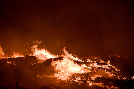 NOIDA, INDIA - MARCH 25: A fire that broke out at a vacant plot in Sector 32, on Monday evening leaving residents of nearby sectors feeling choked, burning sensation in their eyes.20 fire tenders are on spot to bring it under control, on March 25, 2024 inのeditorial素材