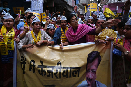 NEW DELHI, INDIA - MARCH 24: Delhi Cabinet Minister Atishi along with AAP party workers lead a protest march against the Modi Government at Govindpuri, after Delhi CM Arvind Kejriwal was arrested by ED in alleged Delhi excise policy case, on March 24, 202のeditorial素材