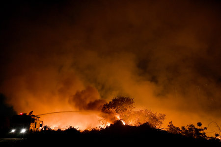 NOIDA, INDIA - MARCH 25: A fire that broke out at a vacant plot in Sector 32, on Monday evening leaving residents of nearby sectors feeling choked, burning sensation in their eyes.20 fire tenders are on spot to bring it under control, on March 25, 2024 inのeditorial素材