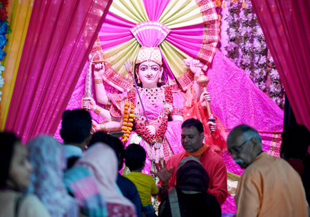 NOIDA, INDIA - APRIL 9:  Devotees offer prayers on the first day of Chaitra Navratri festival, at...