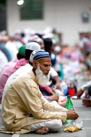 NOIDA, INDIA - APRIL 10: On the last day of Ramadan, Muslims offer prayers before breaking their fast (Roza) with the Iftar meal at Jama Masjid during the ongoing month of Ramadan (Ramzan) in sector 8, on April 10, 2024 in Noida, India. (Photo by Sunil Ghのeditorial素材
