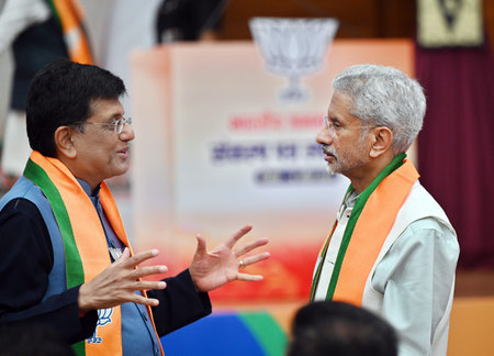 NEW DELHI, INDIA - APRIL 14: External Affaris Minister S. Jaishankar with Piyush Goyal during the...