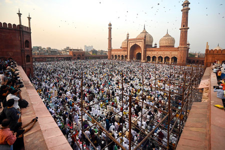 NEW DELHI, INDIA - APRIL 11:  People from the Muslim community offers prayer (Namaz) on the occasion of Eid-al-Fitr at Jama Masjid,  on April 11, 2024 in New Delhi, India.  (Photo by Sanjeev Verma/Hindustan Times)のeditorial素材