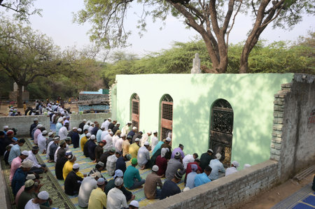 NEW DELHI, INDIA - APRIL 11:  Muslim people offering Namaz of Eid-Ul-Fitr in a small Masjid inside Central Ridge,  on April 11, 2024 in New Delhi, India.  (Photo by Vipin Kumar/Hindustan Times)のeditorial素材