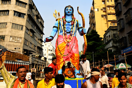 KOLKATA, INDIA - APRIL 17: Hindu devotees participate in a religious procession to celebrate Ram...