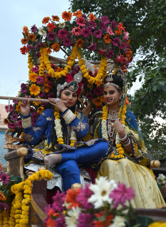 NEW DELHI, INDIA - APRIL 17: Hindu's Devotees Participating Ram Navami Shobha Yatra on ahead of Ram Navami Festival,at Pahadganj area on April 17, 2024 in New Delhi, India. (Photo by Sonu Mehta/Hindustan)のeditorial素材