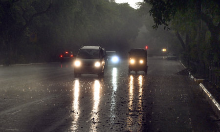 NEW DELHI, INDIA - APRIL 13: Sudden rains and dark Clouds at Bhagwan Dass road, on April 13, 2024 in...