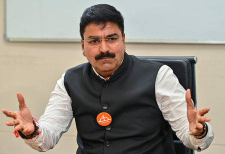 MUMBAI, INDIA - APRIL 30: Sitting Shiv Sena MP and candidate from Mumbai South Central Lok Sabha Constituency Rahul Shewale during an interview at HT office, on April 30, 2024 in Mumbai, India. (Photo by Anshuman Poyrekar/Hindustan Times)のeditorial素材