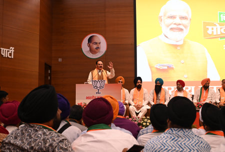 NEW DELHI, INDIA - APRIL 27: BJP  National Party President JP Nadda addresses the Sikh peoples during the Delhi 7 members of Delhi Sikh Gurdwara Management Committee Jasmin Singh Noni, Parminder Singh Lucky, Bhupender Singh Ginni, Ramandeep Singh Thapar, のeditorial素材