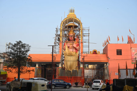 NEW DELHI, INDIA - JANUARY 10:  Workers preparing a 51 feet statue of Lord Hanuman is going to be inaugurated in Geeta Colony of East Delhi on 22 January, the day of Shri Ram Temple (Ram Mandir )Ayodhya Uttar Pradesh,  on January 10, 2024 in New Delhi, Inのeditorial素材