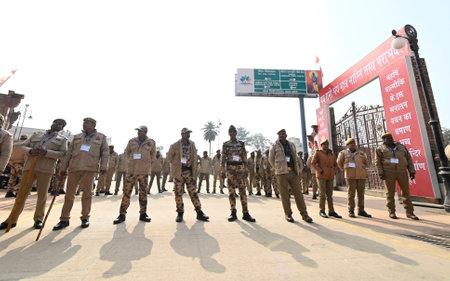 AYODHYA, INDIA â JANUARY 21: Heavy force deployed near the Ram Janmabhoomi on the eve of the consecration ceremony of Shri Ram Janmabhoomi Temple on January 21, 2024 in Ayodhya, India. (Photo by Deepak Gupta/Hindustan Times )のeditorial素材
