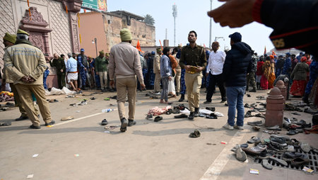 AYODHYA, INDIA - JANUARY 23: A picture after stampede due to over crowded at Ram Temple People  on...