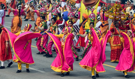 NEW DELHI, INDIA â€“ JANUARY 26: Artists perform during the 75th Republic Day Parade 2024, at...