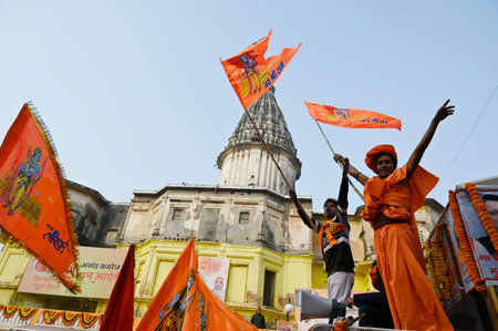 AYODHYA, INDIA â JANUARY 21: Sadhu's holding a saffron flag on the eve of the consecration ceremony of Shri Ram Janmabhoomi on January 21, 2024 in Ayodhya, India. (Photo by Deepak Gupta/Hindustan Times )のeditorial素材