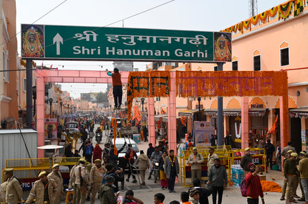 AYODHYA, INDIA â JANUARY 21: Dharm Path route of Hanuman Garhi temple decked up with flowers on the eve of the consecration ceremony of Shri Ram Janmabhoomi Temple on January 21, 2024 in Ayodhya, India. (Photo by Deepak Gupta/Hindustan Times )のeditorial素材