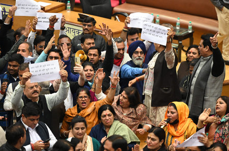 NEW DELHI, INDIA - DECEMBER 23: BJP councillors shouting slogan during Special meeting of House of...