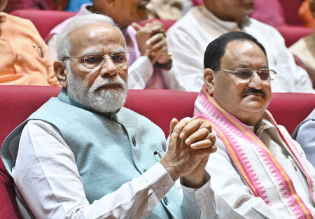 NEW DELHI, INDIA - AUGUST 8: Prime Minister Narendra Modi interacts with BJP National President JP...