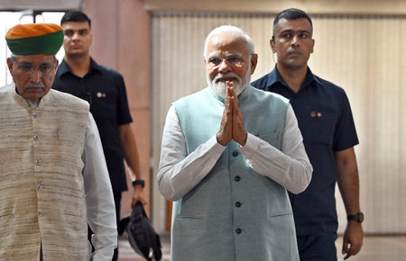 NEW DELHI, INDIA - AUGUST 8: Prime Minister Narendra Modi along with Union Minister Arjun Ram Meghwal arrive to attend the BJP Parliamentary Party Meeting at Parliament Library Building, Parliament House, on August 8, 2023 in New Delhi, India. (Photo by Sのeditorial素材
