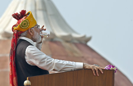 NEW DELHI, INDIA â AUGUST 15: Prime Minister Narendra Modi addresses the nation at Red Fort on the occasion of the 77th Independence Day, on August 15, 2023 in New Delhi, India. Narendra Modi said that India helped different countries during the time ofのeditorial素材