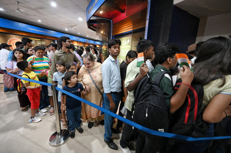 NEW DELHI, INDIA - AUGUST 23:  People celebrates after successful landing of Chandrayaan 3 on Moon...