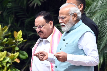 NEW DELHI, INDIA - AUGUST 8: Prime Minister Narendra Modi along with BJP President JP Nadda, leave...