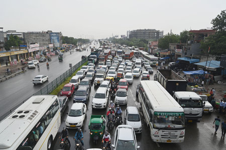 GURUGRAM, INDIA â AUGUST 19: After the heavy rain waterlogging at National Highway-48 casuse traffic jam near Hero Honda chowk flyover, on August 19, 2023 in Gurugram, India. (Photo by Parveen Kumar/Hindustan Times )のeditorial素材