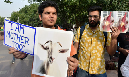NEW DELHI, INDIA â MAY 14: Animal Rights activists during a unique campaign called âThe Forgotten Mothersâ to bring to light on the suffering animal mothers of all species, at Connaught place, on May 14, 2023 in New Delhi, India. (Photo by Sonu Mehtのeditorial素材
