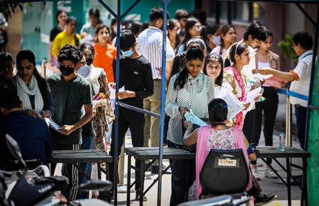 NEW DELHI, INDIA - MAY 22:  Students arrive to appear for the Common University Entrance Test for undergraduate admissions (CUET-UG) at an examination center  on May 22, 2023 in New Delhi, India. (Photo by Raj K Raj/Hindustan Times)のeditorial素材