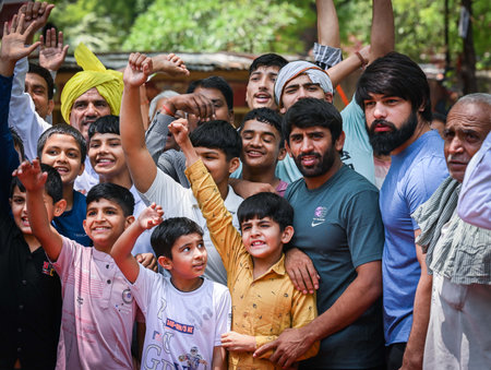 NEW DELHI, INDIA - MAY 9:  Indian wrestler Bajrang Punia and young other wrestlers during a their protest against the Wrestling Federation of India on 17th Day at Jantar Mantar  on May 9, 2023 in New Delhi, India.  (Photo by Raj K Raj/Hindustan Times)のeditorial素材