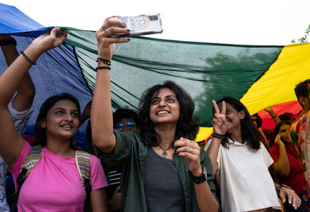 MUMBAI, INDIA - JULY 24:  Members of LGBTQ community dances during a pride parade celebrating lesbian, gay, bisexual, transgender, and queer (LGBTQ) social and self-acceptance, achievements, legal rights, and pride, at Azaid Maidan, CSMT on June 24, 2023 のeditorial素材