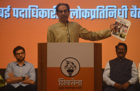 MUMBAI, INDIA - JUNE 24:  Shiv Sena (Uddhav Balasaheb Thackeray) chief Uddhav Thackeray speaks...