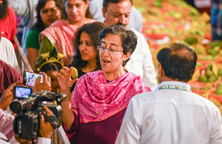 NEW DELHI, INDIA - JUNE 7:  Delhi Tourism minister Atishi Marlena Seen during the inauguration of '32nd Mango Festival' at Dill Haat in New Delhi, India, on Friday, July 7, 2023. (Photo by Raj K Raj/Hindustan Times)のeditorial素材