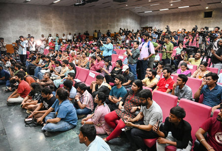 NEW DELHI, INDIA - JULY 4: Students come to watch the screening of Movie \"72 Hoorain\" at Audi 1 of JNU convention centre , Movie Actor, Producers and Director make a brief interaction with the student audience at JNU on July 4, 2023 in New Delhi, India.のeditorial素材