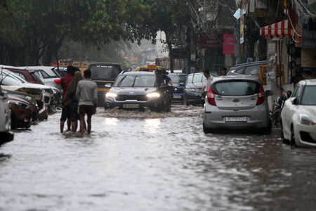 NEW DELHI, INDIA - JULY 8: After heavy monsoon rainfall waterlogged at Shaheen Bagh, on July 8, 2023 in New Delhi, India. Delhi-NCR was drenched with heavy rain on the intervening night of Friday and Saturday. The overnight shower, which continued on Satuのeditorial素材