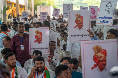 MUMBAI, INDIA - JULY 5: Maharashtra Deputy Chief Minister and NCP leader Ajit Pawar during the party meeting at MET Bandra on July 5, 2023 in Mumbai, India. (Photo by Satish Bate/Hindustan Times)のeditorial素材