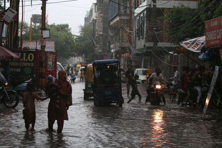 NEW DELHI, INDIA - JULY 8: After heavy monsoon rainfall waterlogged at Shaheen Bagh, on July 8, 2023 in New Delhi, India. Delhi-NCR was drenched with heavy rain on the intervening night of Friday and Saturday. The overnight shower, which continued on Satuのeditorial素材