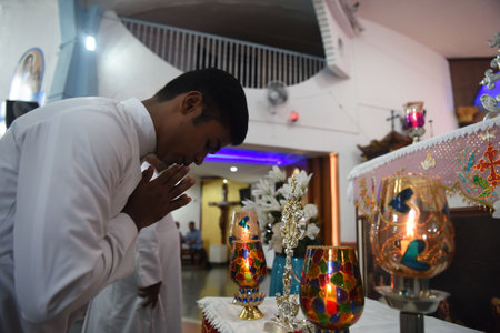 NAVI MUMBAI, INDIA - JULY 19: Devotees welcome visitation of the Pilgrim Relic ofPope John Paul II at St. Little Flower church, Nerul on July 19, 2023 in Navi Mumbai, India. A relic of Pope John Paul II, a portion of a wooden cross, is on a five-day tour のeditorial素材