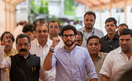 MUMBAI, INDIA - JULY 17: Aaditya Thackeray Member of the Maharashtra Assembly step in on the first day of the monsoon session at Vidhan Bhavan on July 17, 2023 in Mumbai, India. (Photo by Satish Bate/Hindustan Times)のeditorial素材