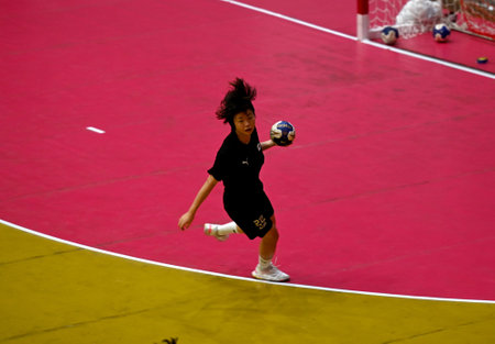 NOIDA, INDIA - JULY 18:  South Korea team practicing during the 10th Asian Youth Women's Handball Championship at Noida Indore Stadium  on July 18, 2023 in Noida, India.  (Photo by Sunil Ghosh/Hindustan Times)のeditorial素材