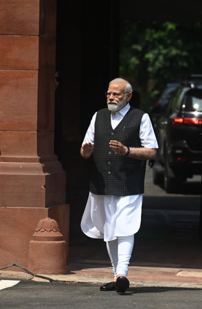 NEW DELHI, INDIA - JULY 20: Prime Minister Narendra Modi arrives on the opening day of the monsoon session of the Indian parliament on July 20, 2023 in New Delhi, India.  (Photo by Raj K Raj/Hindustan Times)のeditorial素材