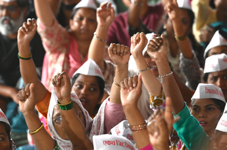 MUMBAI, INDIA - JULY 18: A protestor shouts slogans during a protest against the proposed petrochemical project, at Azad maidan, on July 18, 2023 in Mumbai, India. (Photo by Bhushan Koyande/Hindustan Times )のeditorial素材