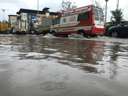 MUMBAI, INDIA â JULY 22: Dwarli village malangad road at Kalyan east is full of water and potholes since the past four days in Kalyan, on July 22, 2023 in Mumbai, India. (Photo by Pramod Tambe/Hindustan Times )のeditorial素材