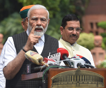 NEW DELHI, INDIA - JULY 20:  Prime Minister Narendra Modi Union Ministers Pralhad Joshi, Jitendra Singh, Arjun Ram Meghwal and V Muraleedharan address the media on the first day of the Monsoon session of Parliament,  on July 20, 2023 in New Delhi, India. のeditorial素材