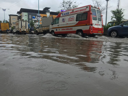 MUMBAI, INDIA â JULY 22: Dwarli village malangad road at Kalyan east is full of water and potholes since the past four days in Kalyan, on July 22, 2023 in Mumbai, India. (Photo by Pramod Tambe/Hindustan Times )のeditorial素材