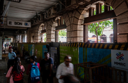 MUMBAI, INDIA - JULY 12: Construction of Hutatma Chowk Underground Metro station below Heritage and old buildings at DN Road on July 12, 2023 in Mumbai, India. Engineers built a Metro station below heritage and old buildings taking care of preservation ofのeditorial素材