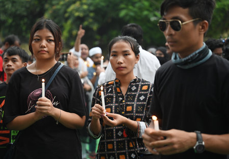 NEW DELHI, INDIA - JULY 25:  Manipur People participated during a Candle March and Aakrosh Rally organized by AAP Party on Manipur issue and suspension of AAP party Rajya Sabha MP Sanjay Singh, at Jantar Mantar,  on July 25, 2023 in New Delhi, India.  (Phのeditorial素材