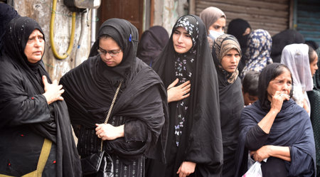 NEW DELHI, INDIA - JULY 29: Muslim devotees take part in a mourning procession marking the day of Ashura, 10 Muharram-ul-Haram, at Shia Jama Masjid Kashmiri Gate, on July 29, 2023 in New Delhi, India. Ashura mourns the death of Imam Hussein, a grandson ofのeditorial素材