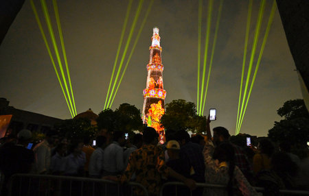 NEW DELHI, INDIA - JULY 27: A view of the Laser Light Sound Show during the launching ceremony of the pan- India initiative of the âMera Gaon Meri Dharoharâ project as part of Azadi ka Amrit Mahotsav at Qutub Minar on July 27, 2023 in New Delhi, Indiaのeditorial素材